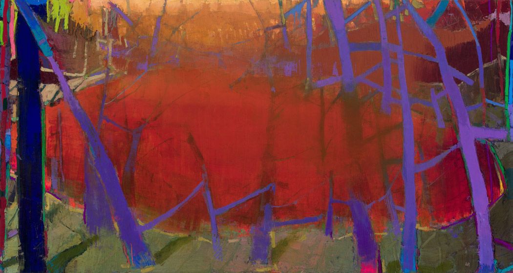 Painting of a landscape in reds, blues, and greens. 