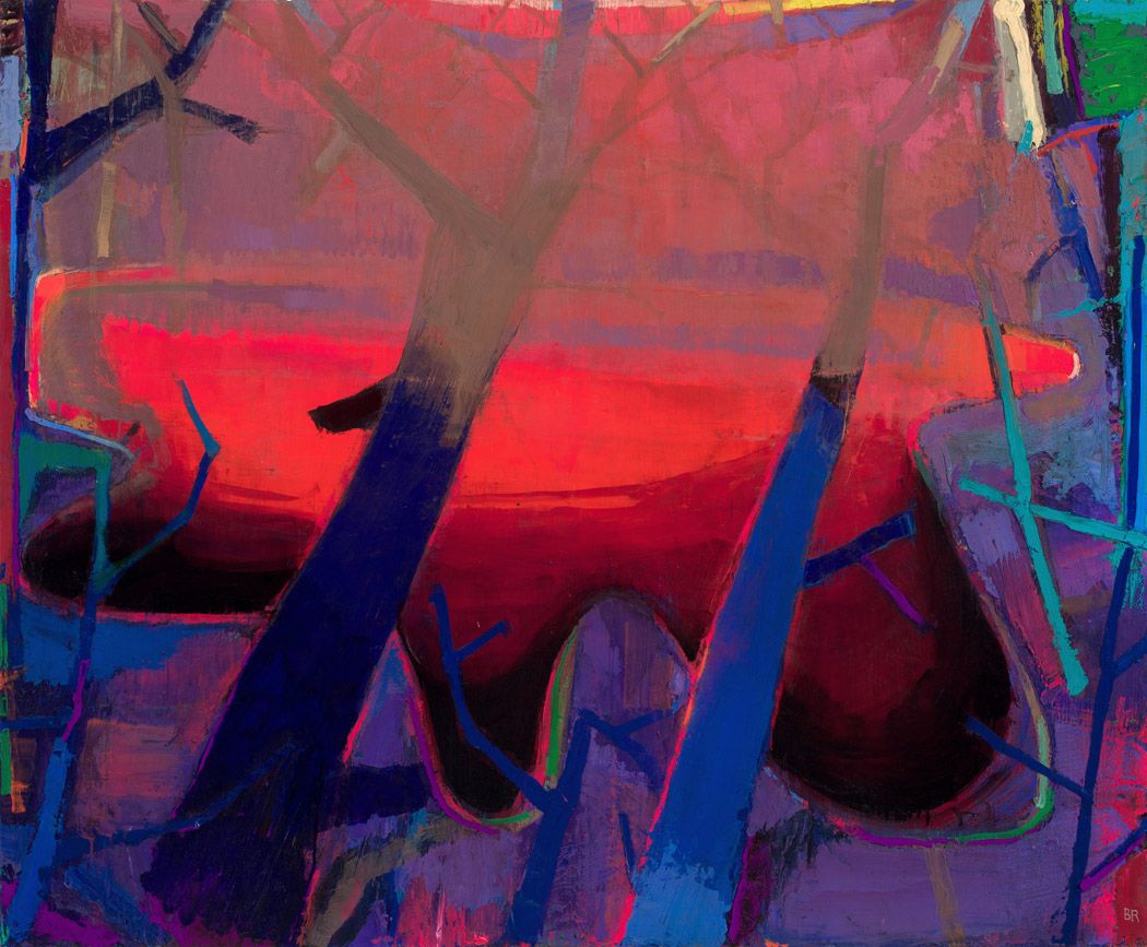 Painting of a landscape in reds, blues, and greens. 