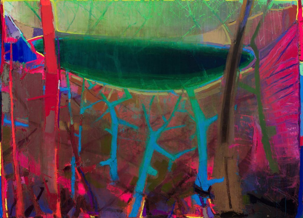 Painting of a landscape in reds, blues, and greens. 